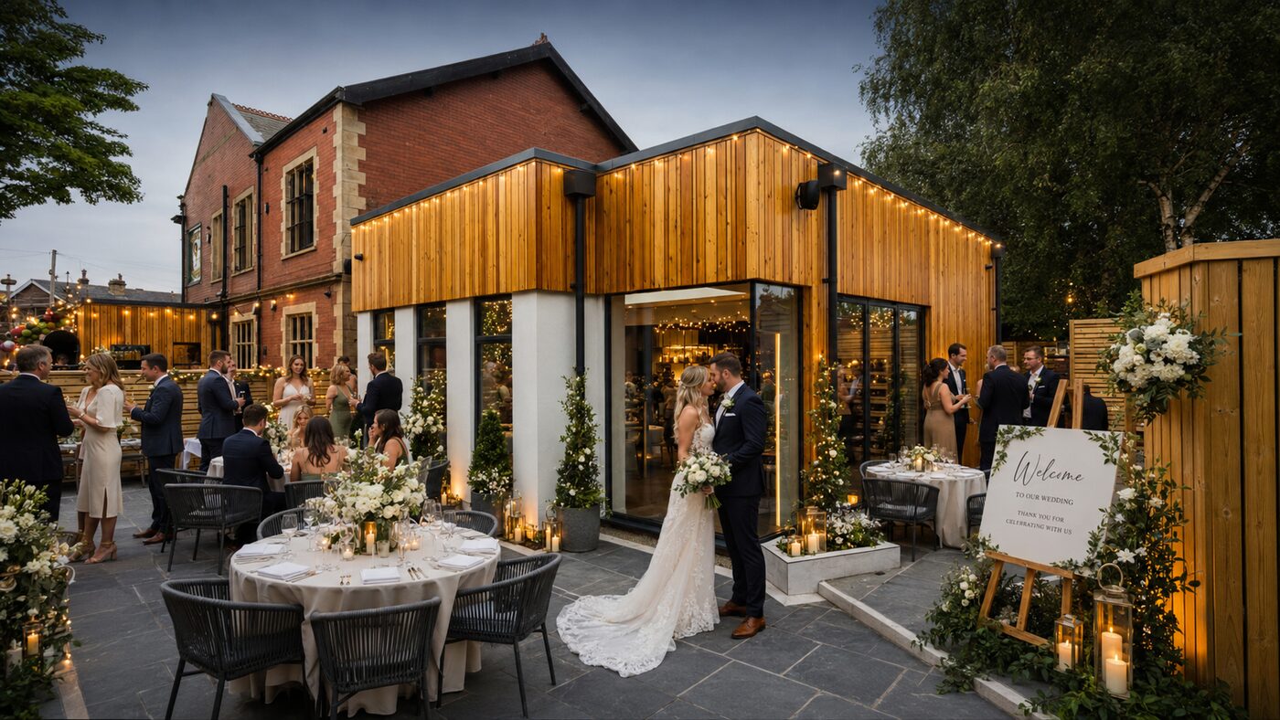 A wedding on the terrace at The Riverside, the couple by the doors under festoon lighting