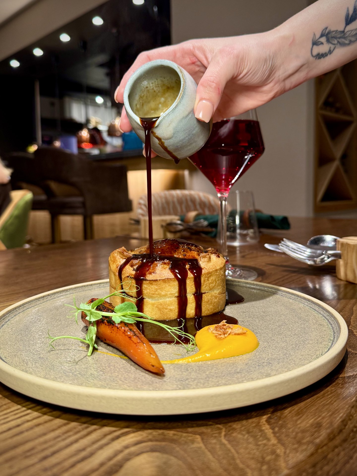 Cheese and Onion Pie with Onion Gravy, Roast Carrot and Crispy Onions