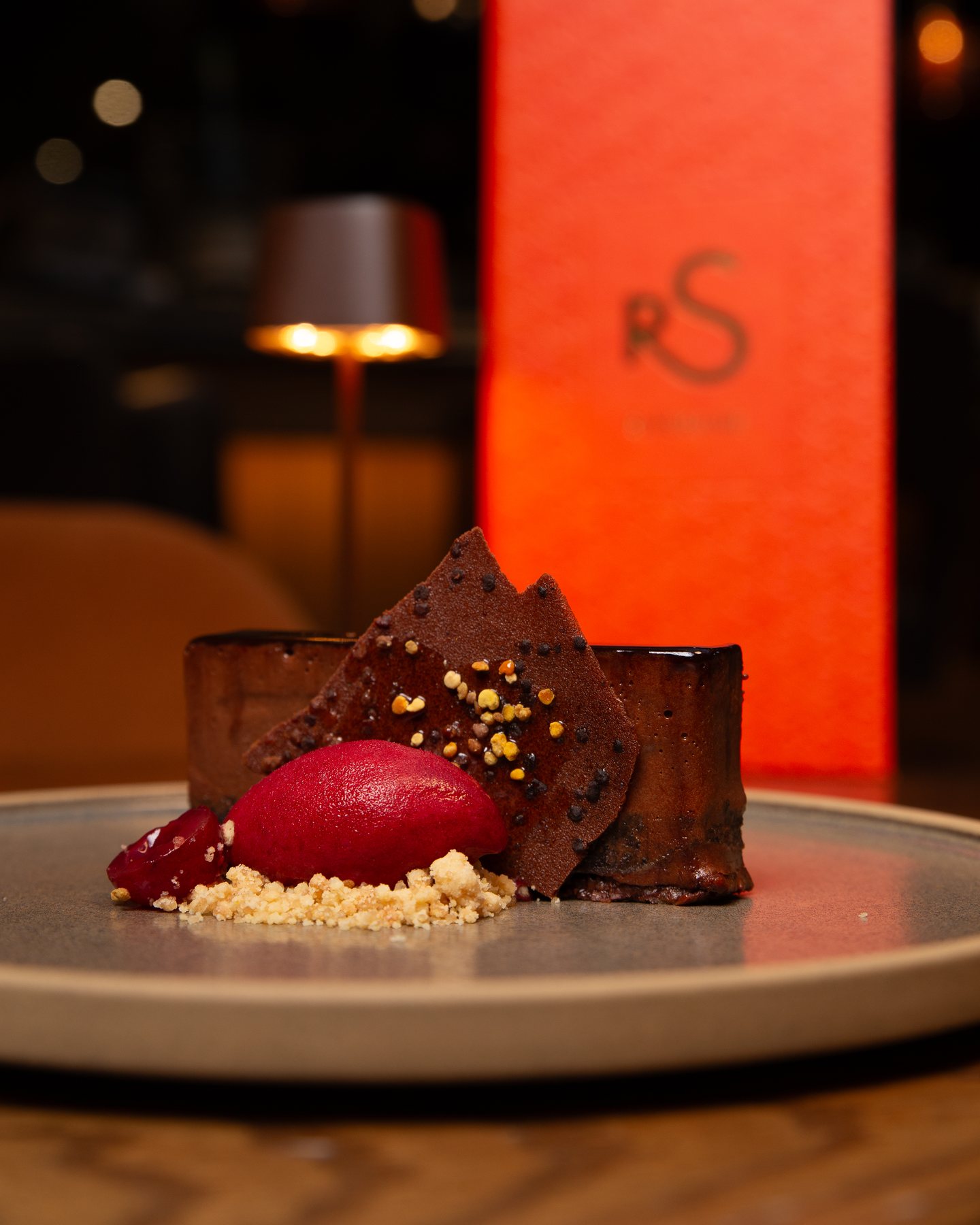 Dark Chocolate Delice with Coffee, Feuilletine, Sour Cherry and Bee Pollen