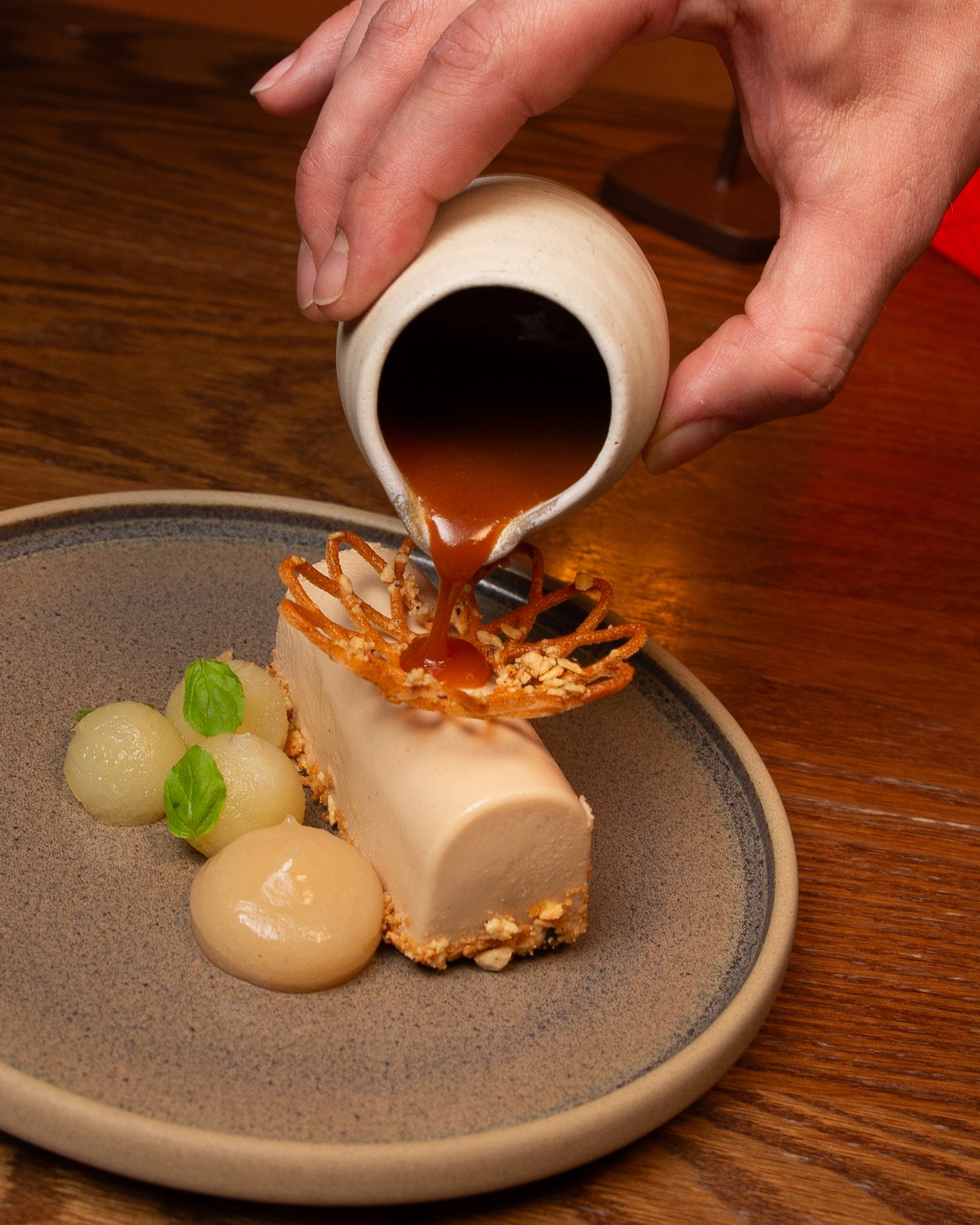 Hazelnut and Buttermilk Parfait with Miso Caramel, Poached Pear and Hazelnut Crisp