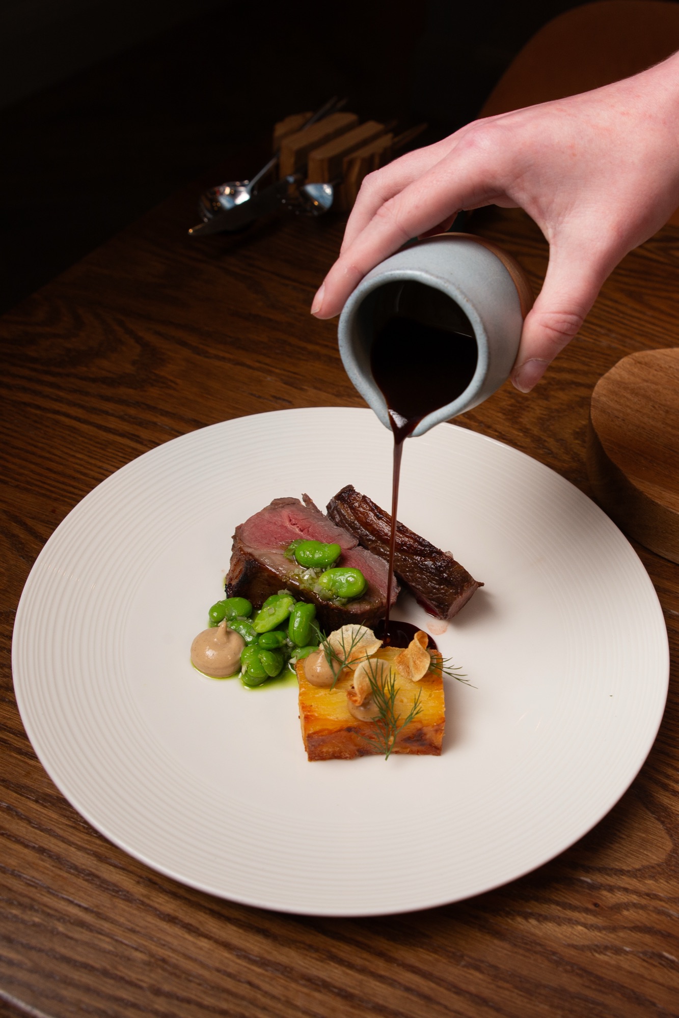 Yorkshire Lamb Rump with Feta Dauphinoise and Broad Beans